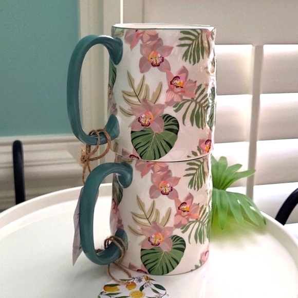 Coffee Mugs Set of 2 Tropical Palm Leaf  Artisan Collection New with tags - Picture 6 of 7